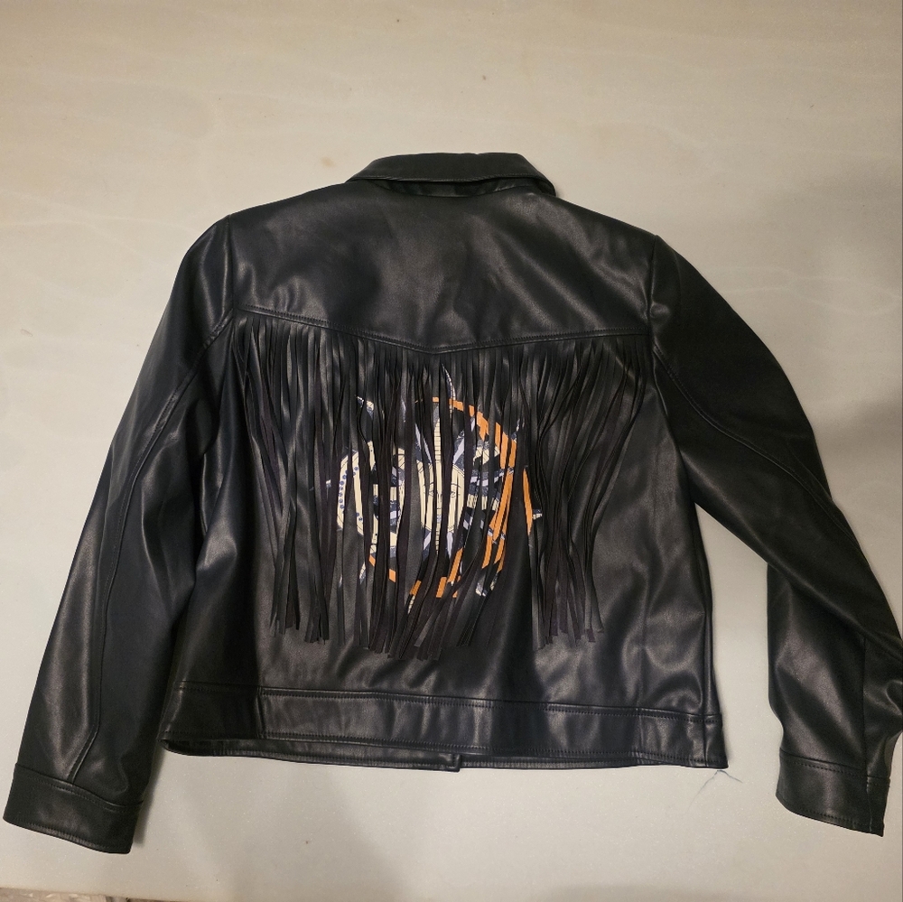 Giuliana Black Label Faux Leather Fringe Jacket XL | Western Boho Hand Painted